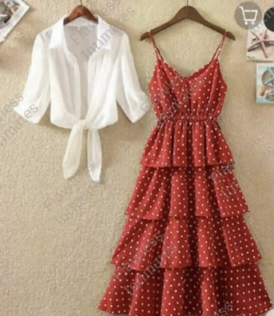Red Polka Dot Dress With White Shirt Set