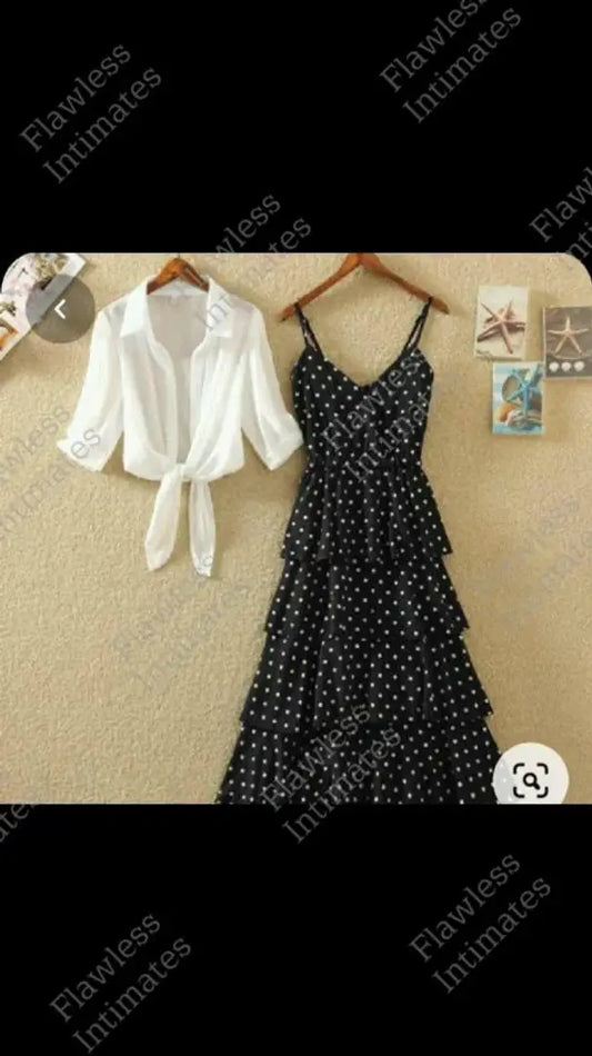 Black Polka Dot Dress With White Shirt Set