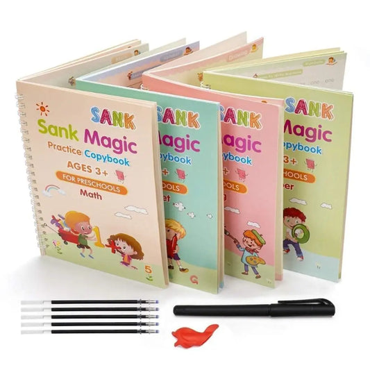 Magic Practice Copybook, (4 BOOK+10 REFILL+1 pen+1 grip) Number Tracing Book for Preschoolers with Pen, Magic Calligraphy Copybook Set Practical Reusable Writing Tool Simple Hand Lettering